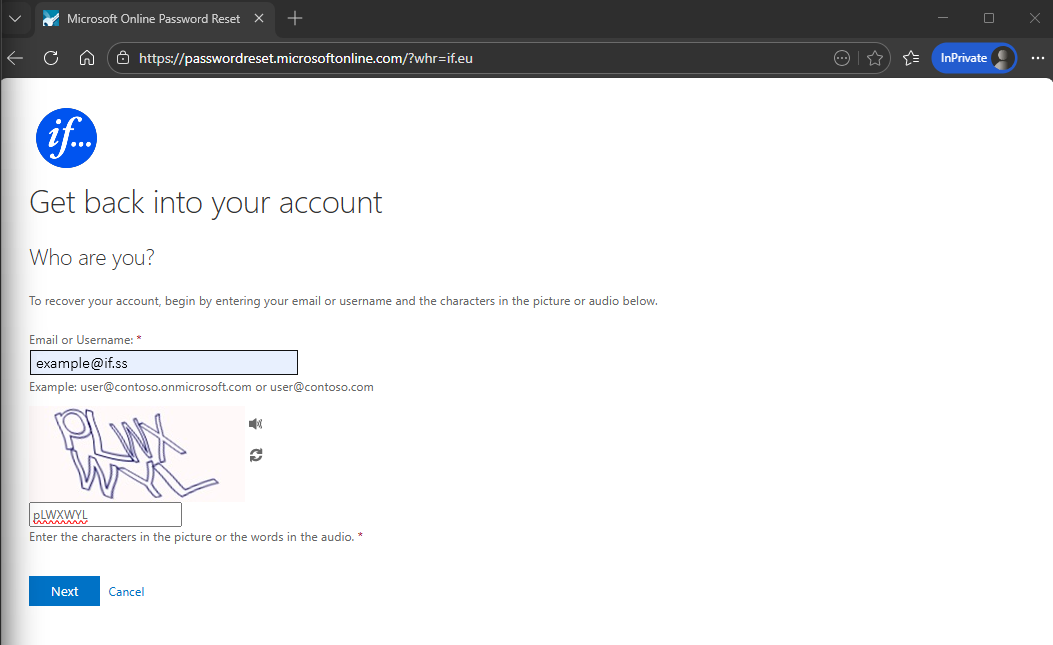 First IF password reset screen showing username and verification characters