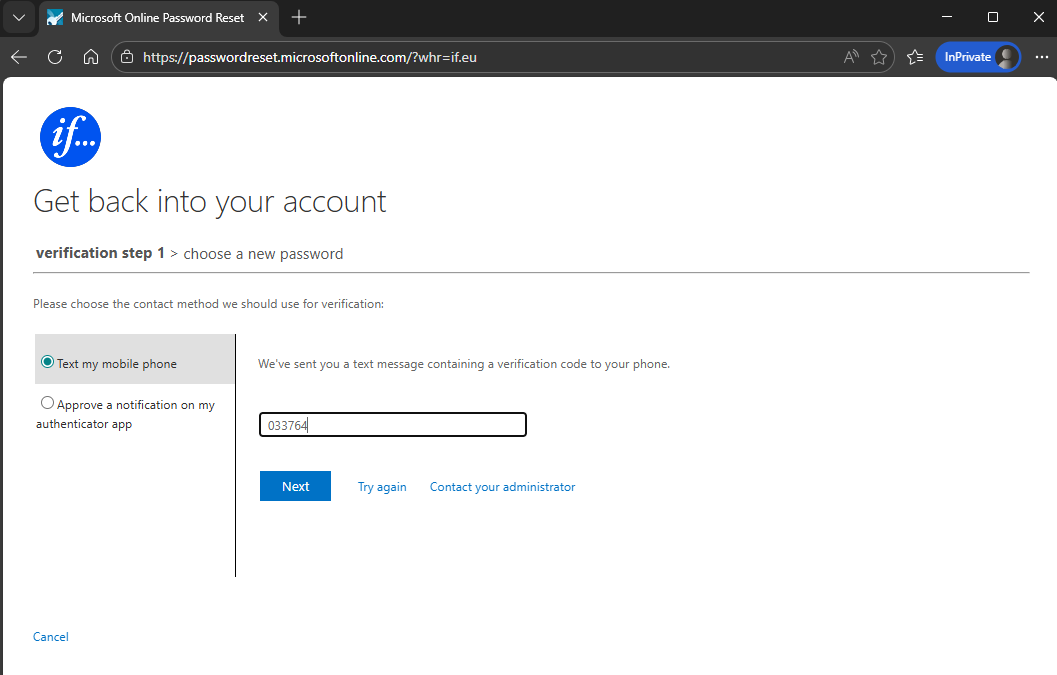 Fourth IF password reset screen showing SMS code entry