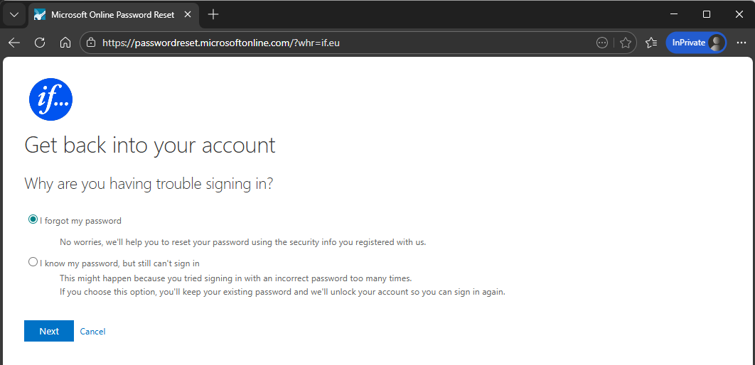 Second IF password reset screen showing password change option