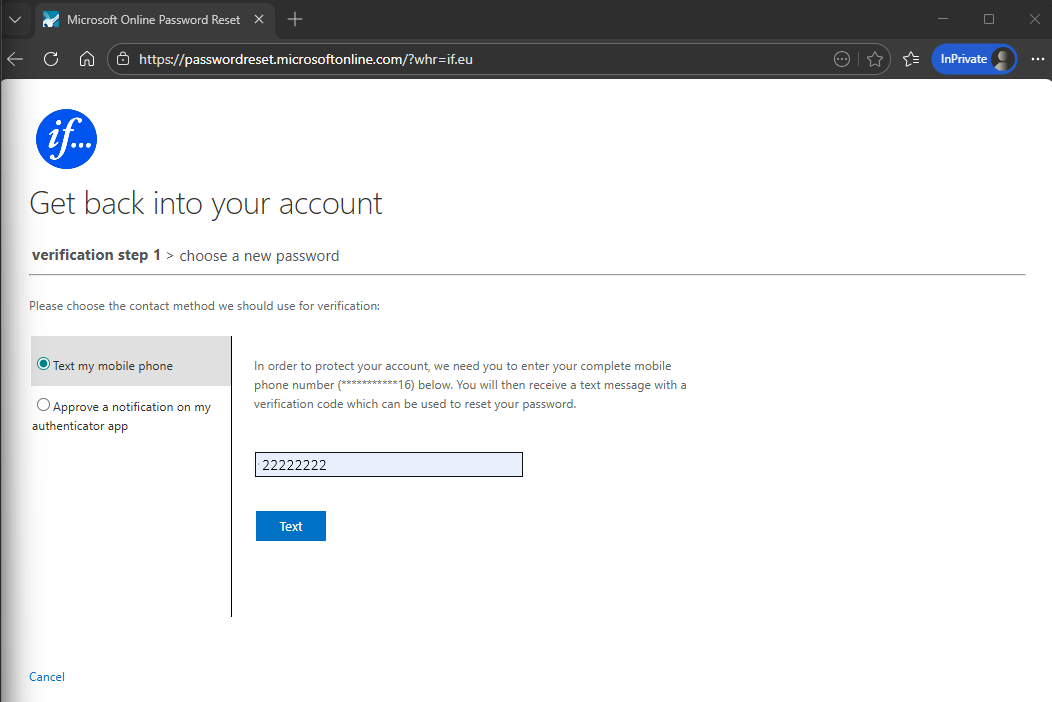 Third IF password reset screen showing verification method selection