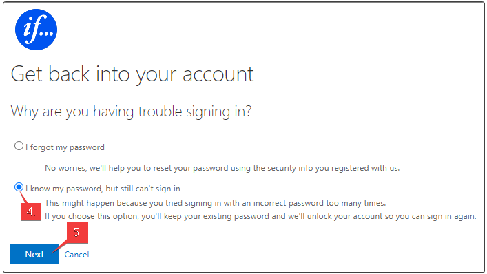 Screenshot of account unlock step showing unlock selection